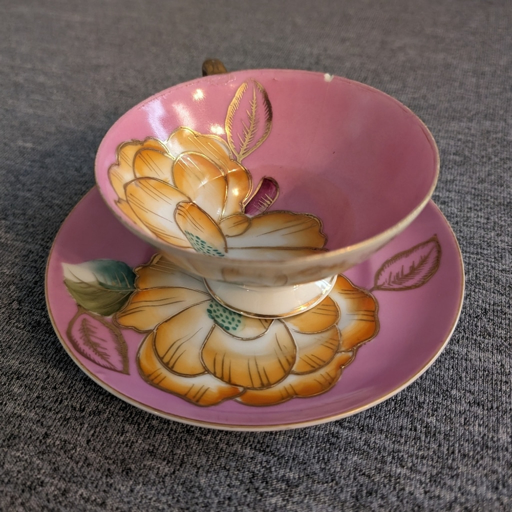 Trimont China, Pink and Orange Floral Cup and Saucer Set, Made in Occupied Japan